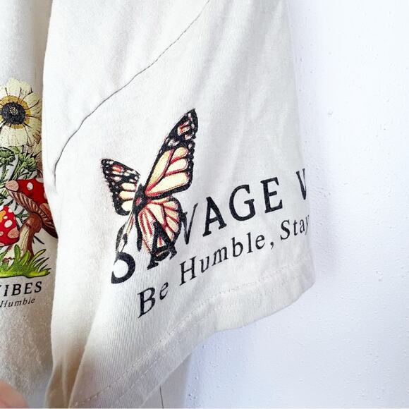 Weekend Warriors Tan Savage Vibes Mushroom Botanical Crop Tee Shirt Women Size L - Picture 5 of 13